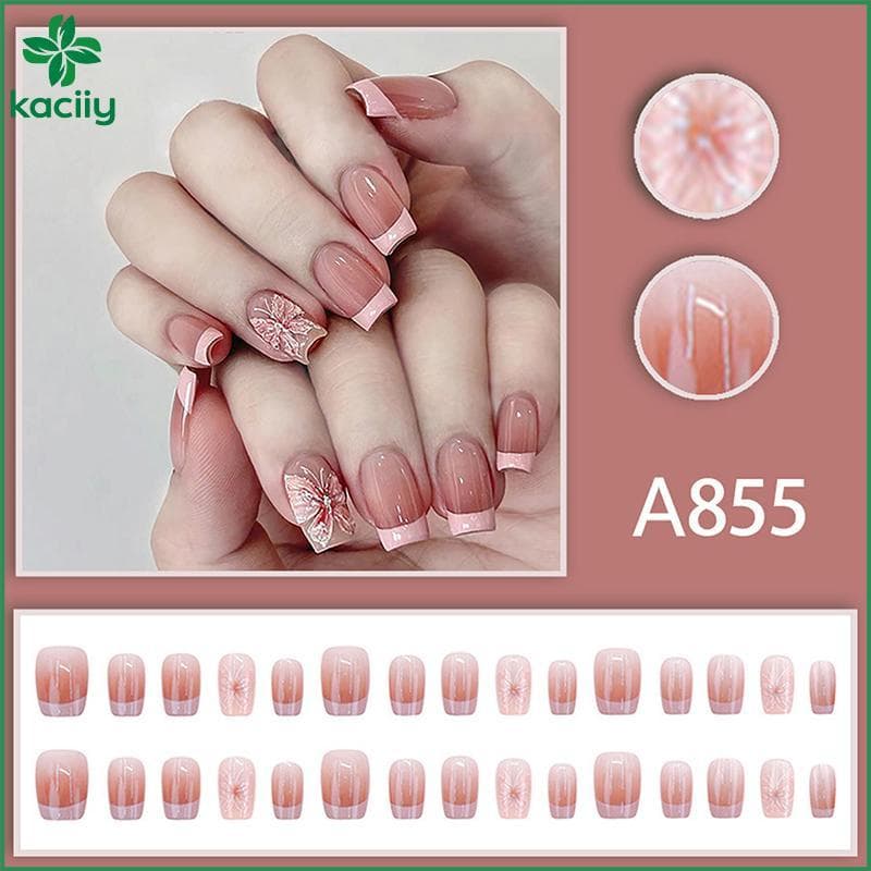KC 30 Unidades Rosa Borboleta Francesa Curta Cabeça Quadrada Prensa Em Unhas Postiças Com Cola Glitter Design Falsas Des
