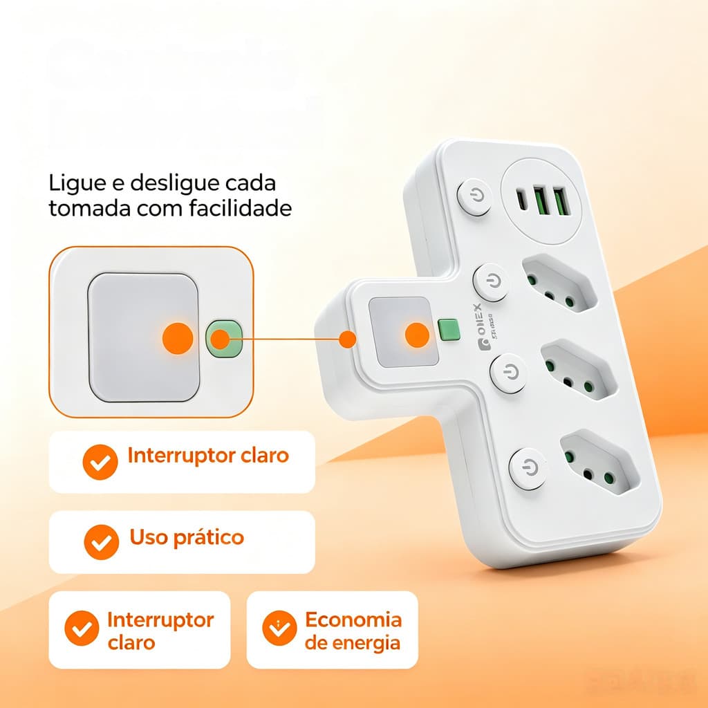 Adaptador Tomada Bivolt 10A Com USB e Type‑C Lâminas Cobre ABS 110‑250V 2500W Casa Escritório