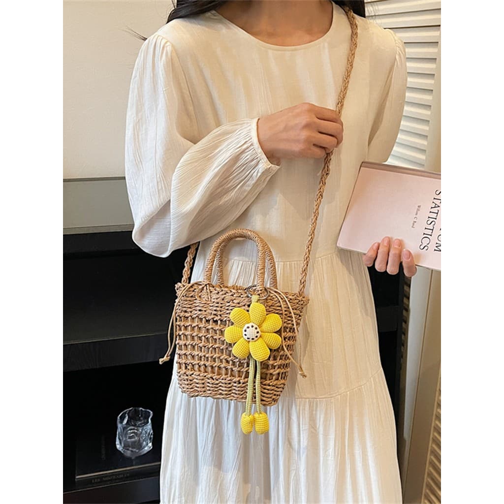 bolsa transversal feminino Bolsa Bolsa de palha francesa feminina à beira-mar férias praia flor pequena bolsa quadrada R