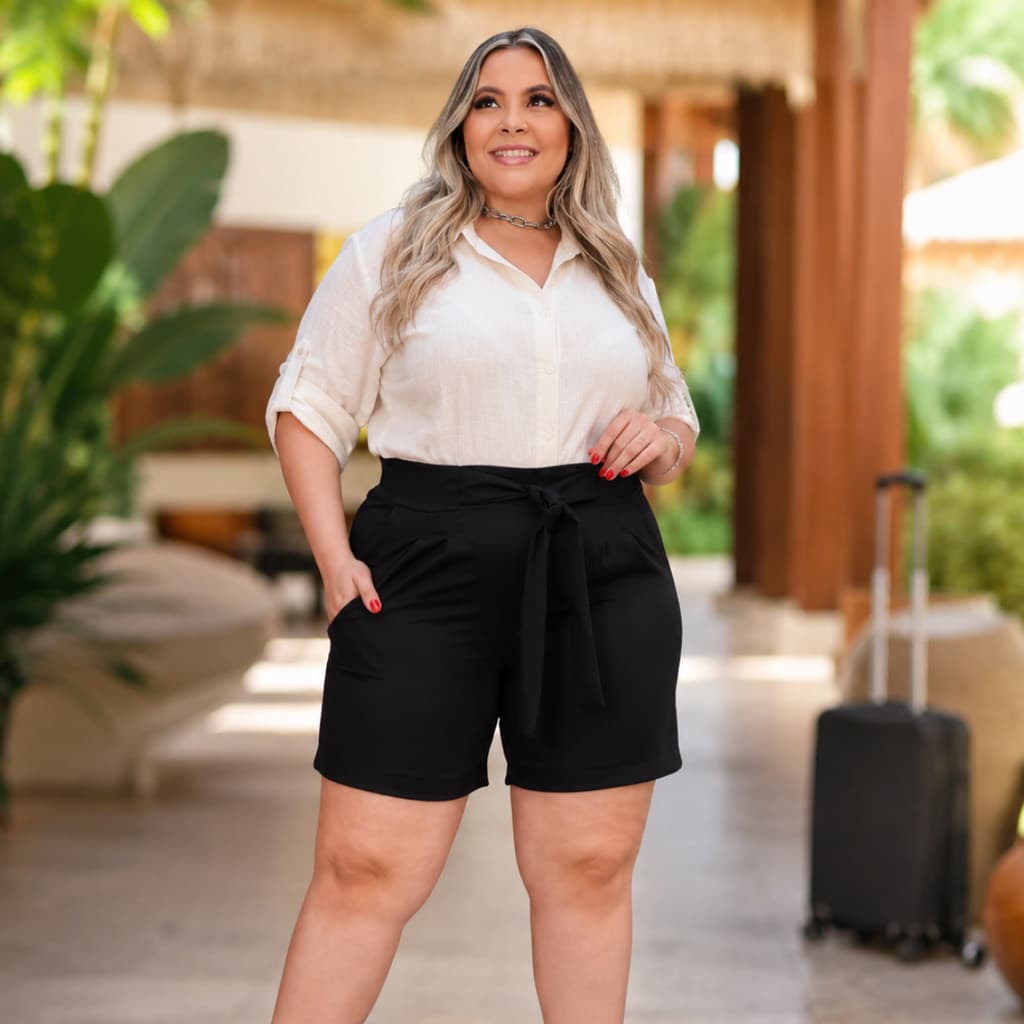 Short Bermuda Plus Size Linho Cintura Alta Confortável Elastico no Cós Liso Verão Elegante Soltinho Premium Preto G3