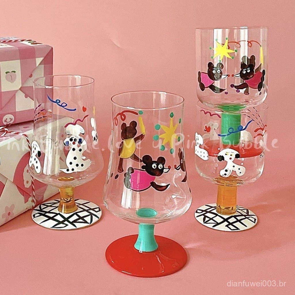 Copo de vidro estilo japonês pintado à mão com um desenho de urso fofo, taça, copo para festas, copo de sorvete.