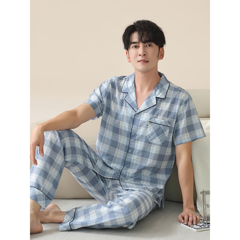 Pijama de gaze de algodão tecido masculino verão puro algodão calças de manga curta estilo fino verão masculino meia man