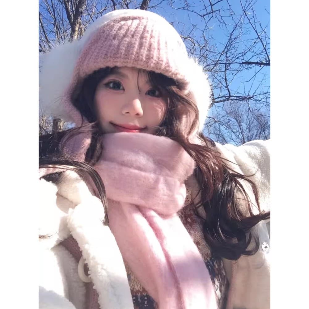 Outono inverno malha lã balde chapéu feminino engrossado Mohair rosa cachecol manter quente rosto pequena proteção de or