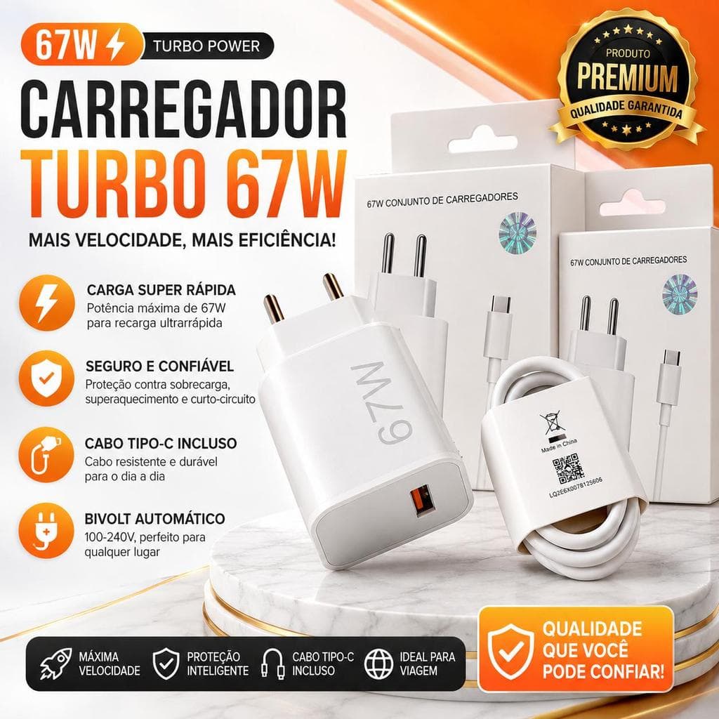 Carregador Turbo 67W USB-C Carga Rápida + Cabo Tipo-C Bivolt