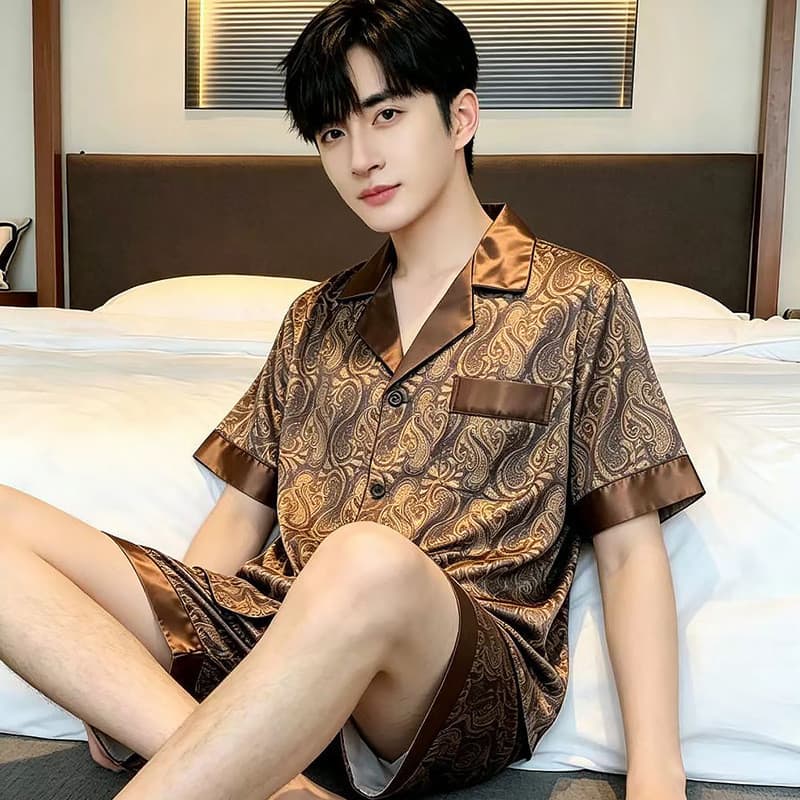 Pijama de seda gelo masculino Shorts de manga curta Tian fino terno de casa para meninos de meia-idade