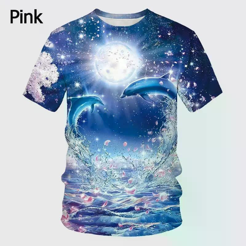 Camiseta Masculina Starry Ocean Dolphin Floral Estampa 3D Gola Redonda Manga Curta Casual