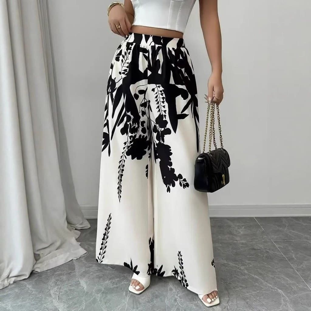 2026 Cross-Border verão outono moda feminina preto branco impresso mais magro olhar Casual senhoras calças de perna larg