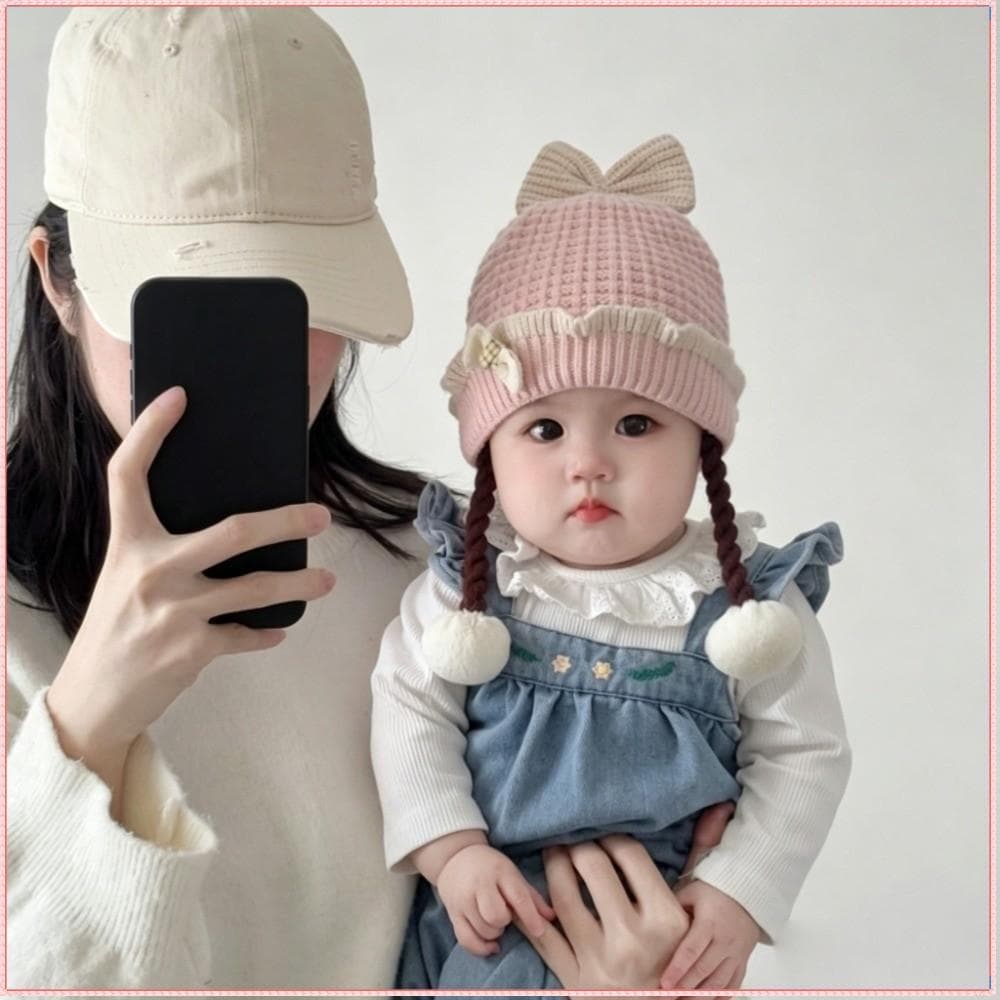 Gorro  , Chapéu De Malha Macio E Quente Com Decoração De Laço , Peruca De Tecido Aconchegante , Trança , Estilo Cro