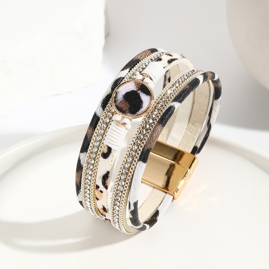 Pulseira feminina de alta qualidade estilo boêmio pulseira crina couro do plutônio Multi-camada mão-tecido leopardo impr
