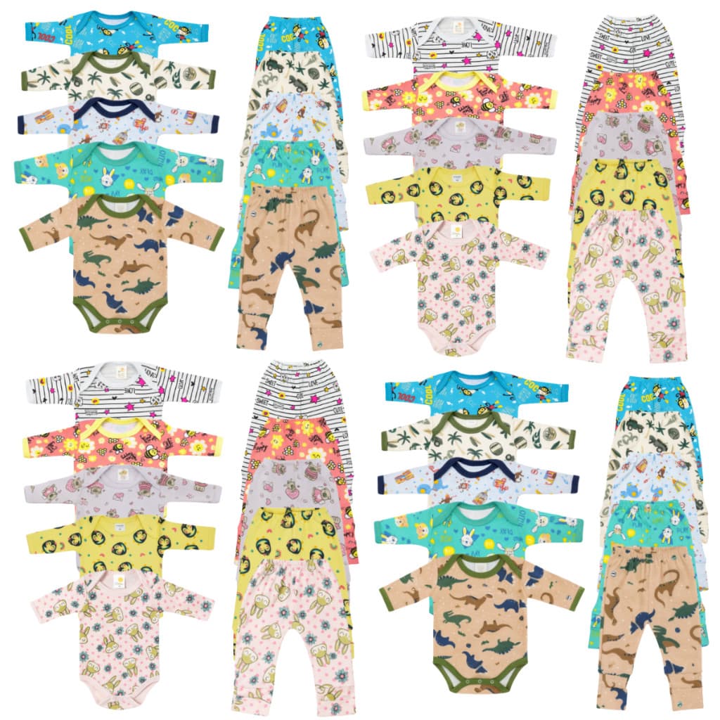 Kit 10 Peças Enxoval Bebê Body Manga Longa + Mijão vira pé Estampado Meia Estação