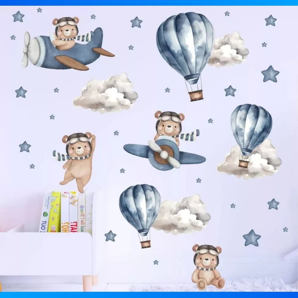 Adesivo De Parede Infantil Ursinho Aviador Balões Urso Nuvem Azul Quarto Menino Aquarela Decoração - PROMOÇÃO