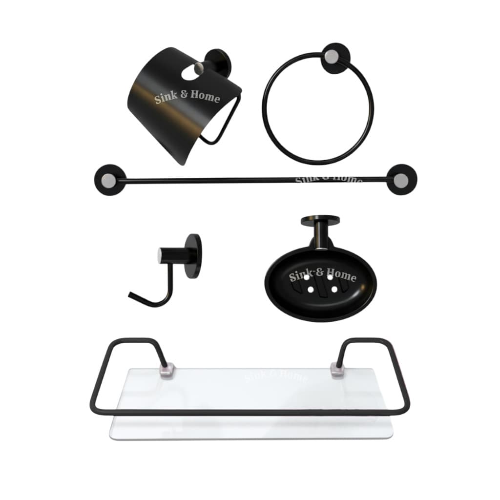 Kit de Banheiro Metal Preto Com Porta Shampoo Papeleira Inox Preta Toalheiro Preto Banheiro Saboneteira