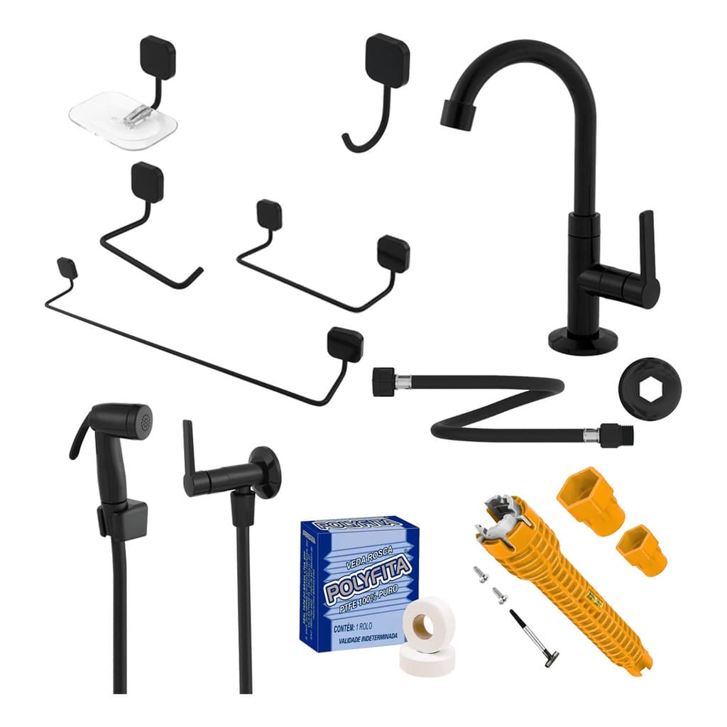 Kit Banheiro Lavabo Luxo Acessórios Quadrado Preto 10 Peças