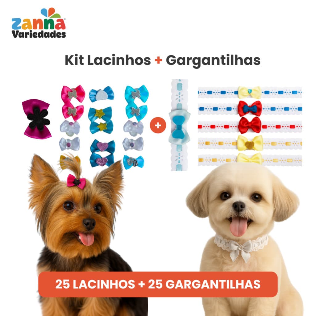 25 Lacinhos + 25 Gargantilhas Pet – Kit Para Banho e Tosa, Topete Cachorro Fêmea Groomer Pet Shop