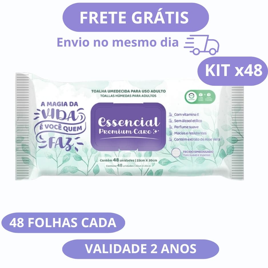 Kit 48 Pacotes de Lenços Umedecido Adulto 48 Folhas Cada Essencial Care