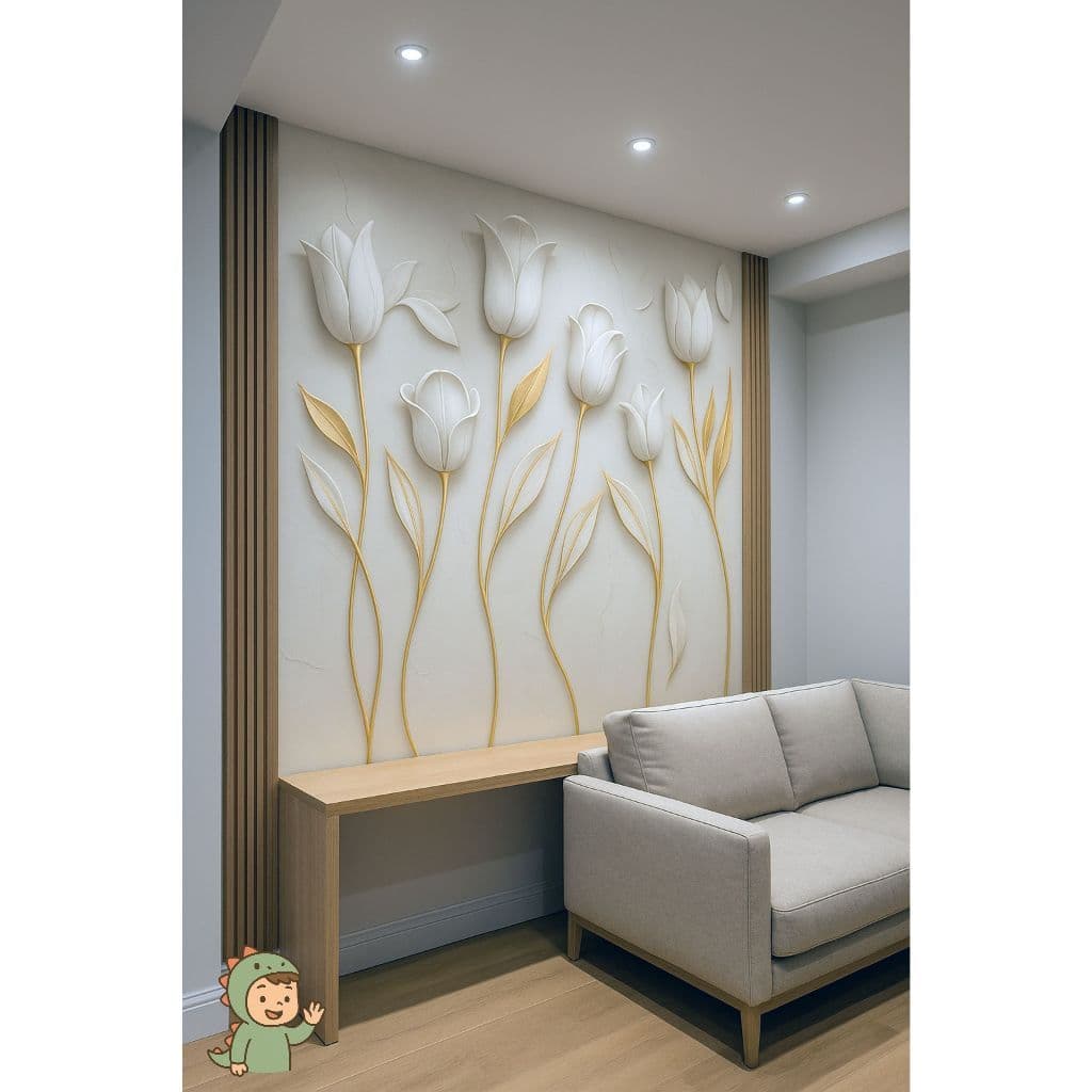 PAPEL DE PAREDE PARA SALA SOFISTICADO TULIPAS BRANCAS COM DETALHES DOURADOS + RIPA MADEIRA