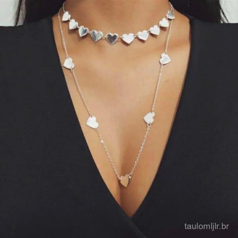 Maxi colar Longo Gargantilha Choker de coração folheado a prata