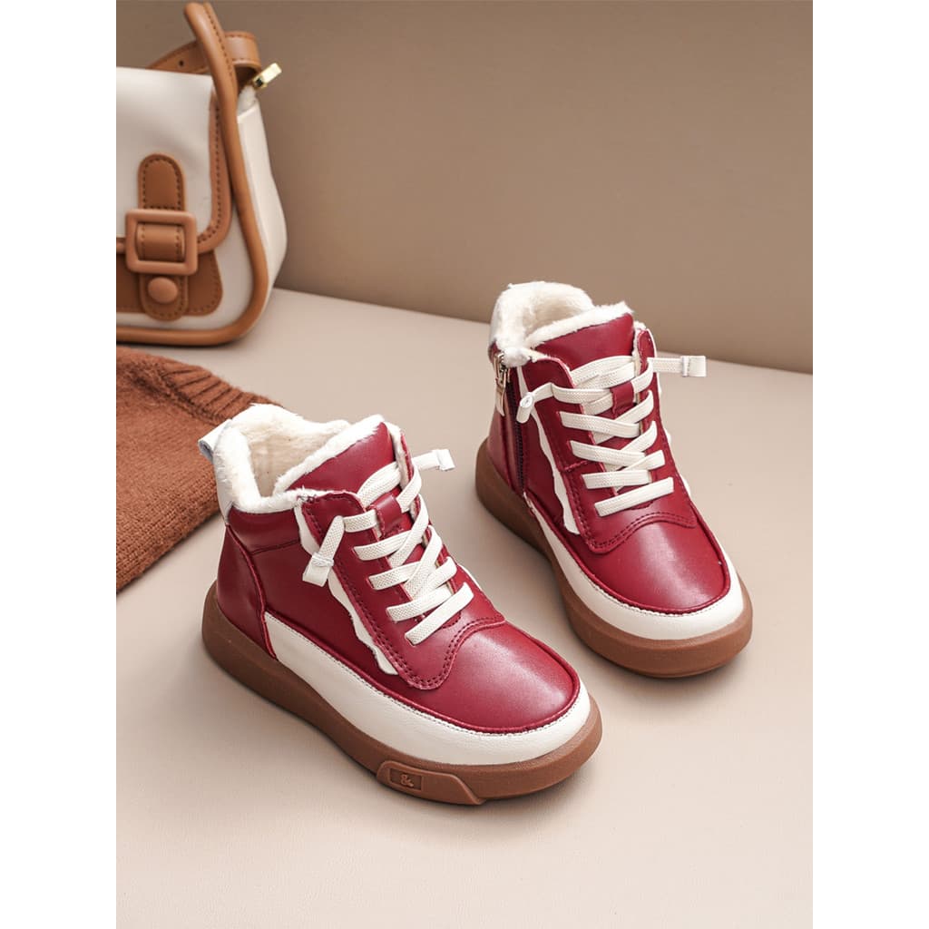 Botas curtas para meninas com forro de lã de cano alto 2025 inverno novo estilo vermelho botas de couro infantil tubo cu