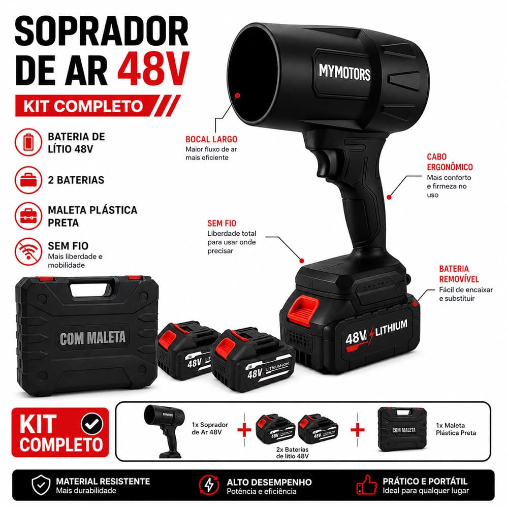 Soprador de Ar 48V Sem Fio 2 Baterias Maleta Plástica Bocal Largo Limpeza Casa Carro Oficina
