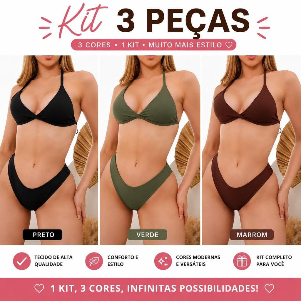 Kit 3 Biquíni Conjunto Asa Delta Com Bojo Cintura alta suplex premium