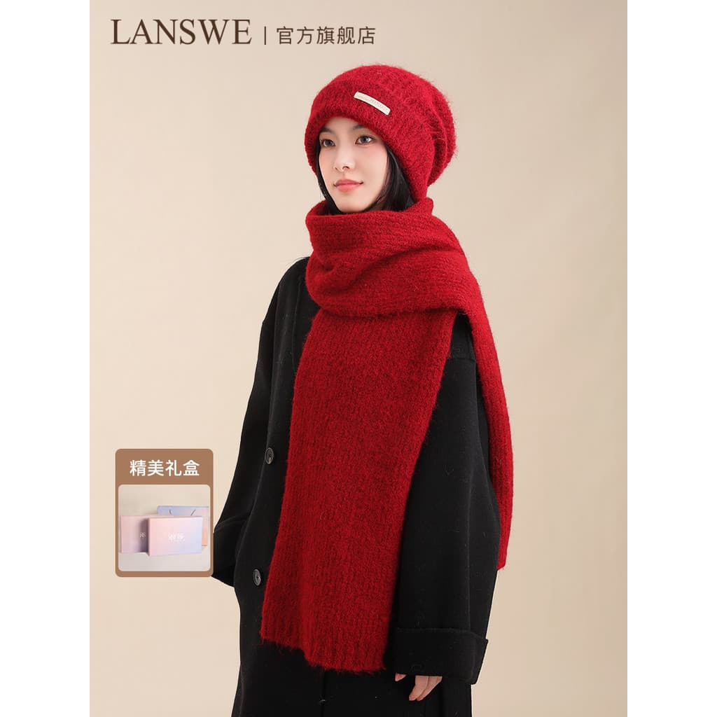 Langsha lã cachecol chapéu de lã conjunto chapéu de confinamento feminino inverno grande circunferência da cabeça engros