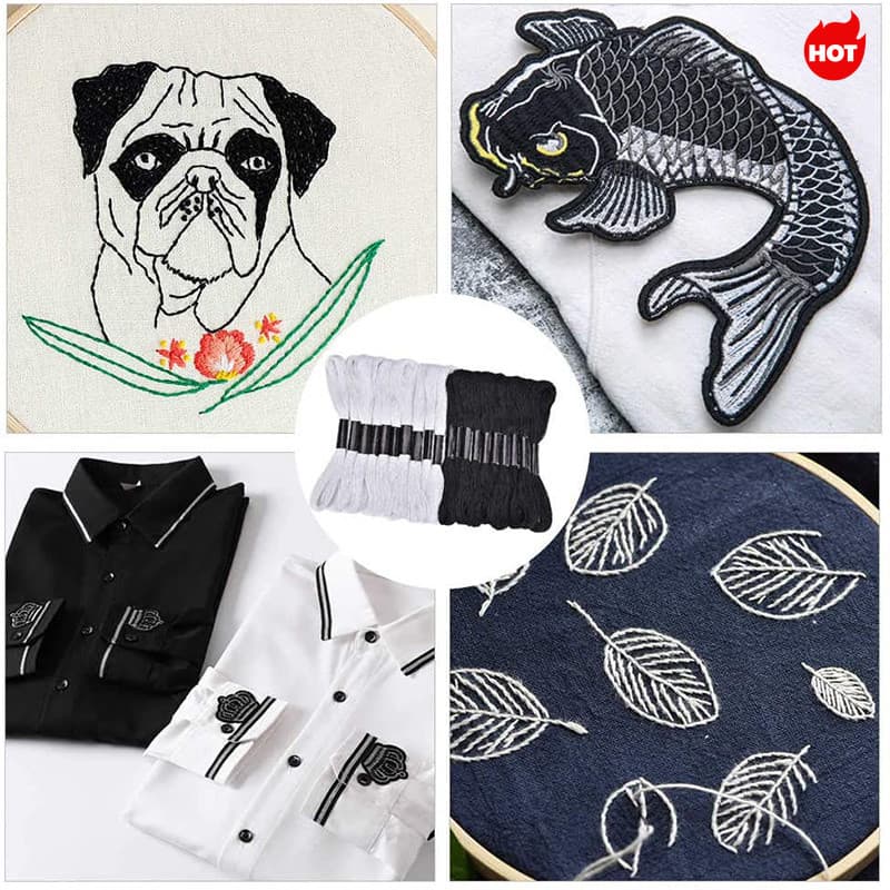 < LA > 12 Peças Preto + Conjunto De Linha De Bordado De Ponto Cruz Branco (Embalado Com Alças Aleatórias)