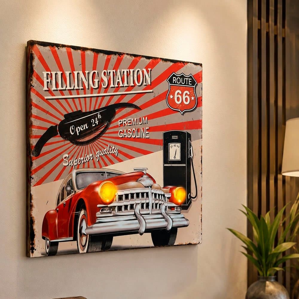 Quadro Decorativo Clássico Carro Antigo Posto LEDs Luminoso