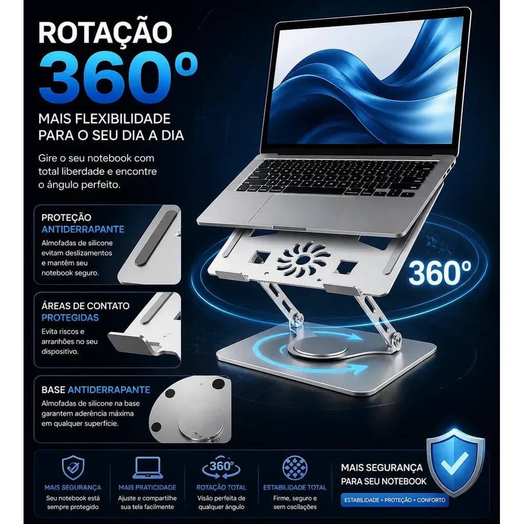Suporte de Metal Ajustável Para Notebook 10 a 17" Dobrável 360° Giratório Reforçado Portátil Base Estável