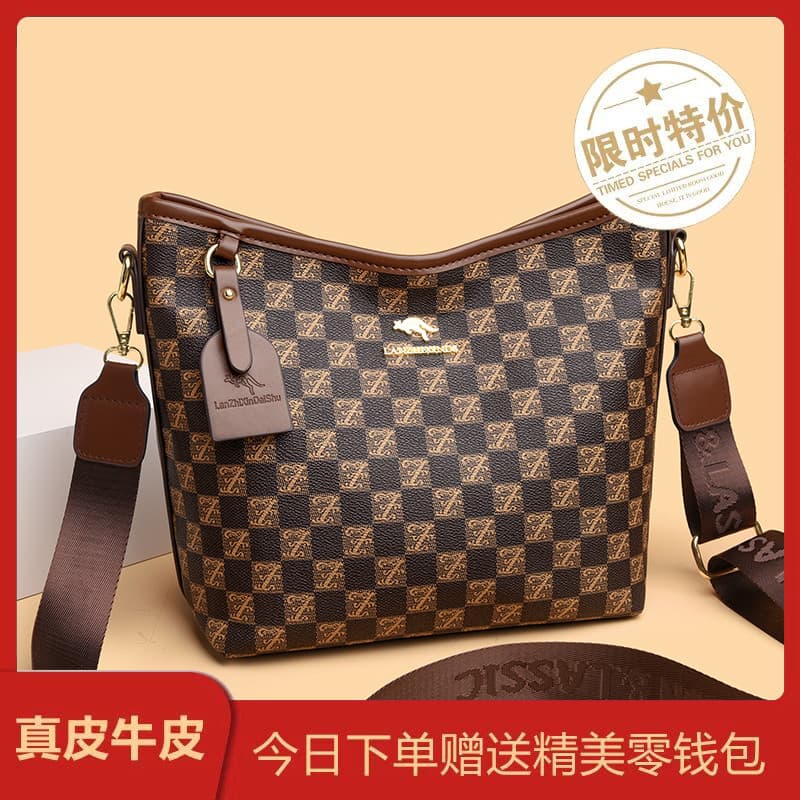 Moda couro genuíno xadrez balde saco feminino ombro mensageiro saco grande capacidade High-End sentimento 2026 novo esti