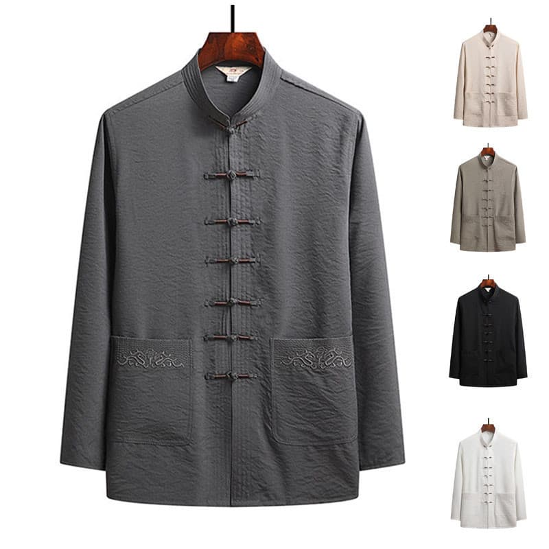 Cardigã Masculino de Manga Longa Estilo Tang em Seda Gelada com Bolso Bordado ZXR101 TFFA YERE