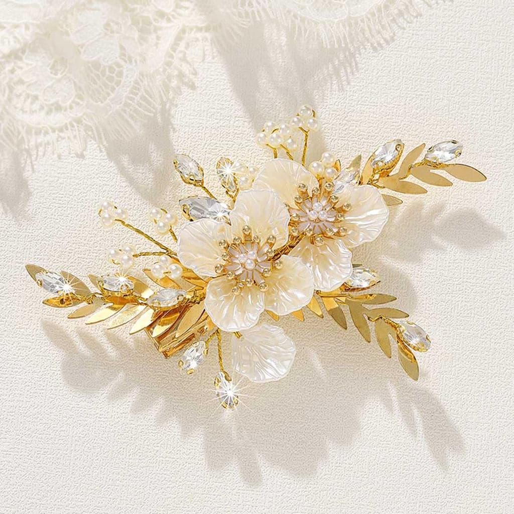 Presilha de Cabelo Dourada JAKAWIN, Acessório de Cabelo para Casamento com Flor Dourada e Cristais para Noivas