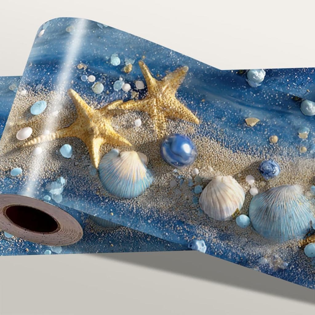 Borda de Parede Estrela-do-Mar Oceânica 196x4 Polegadas, Papel de Parede Autoadesivo com Conchas Marinhas e Areia Azul p