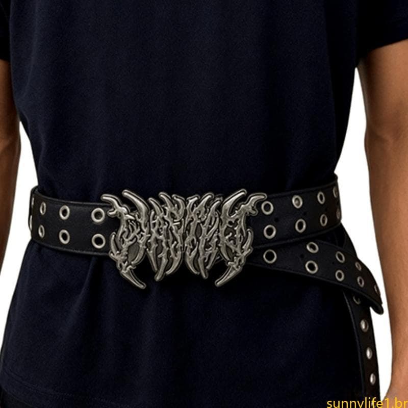 sun Metal Ilhó Cravejado Cinto Largo Punk Oco Gótico Couro Preto