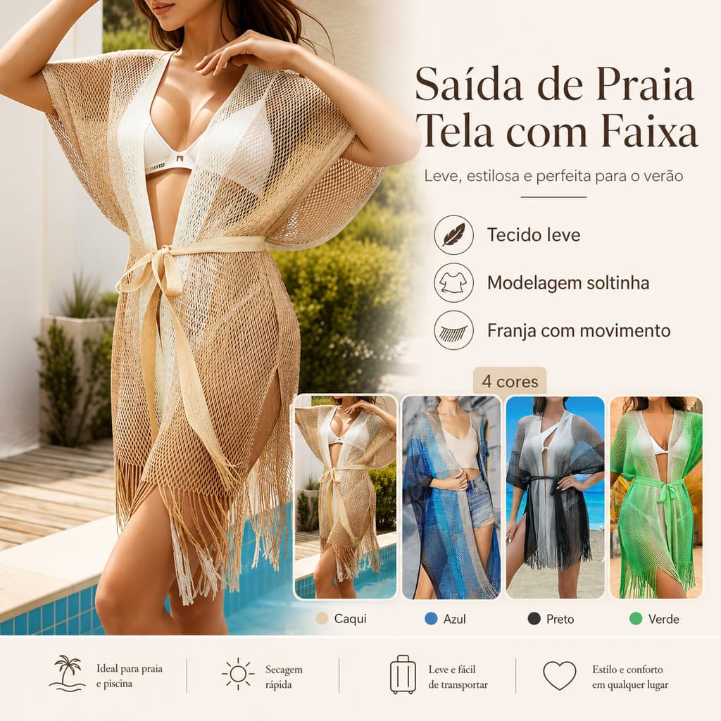 Saída de praia feminina com alças e franjas, roupa de verão para praia e piscina.