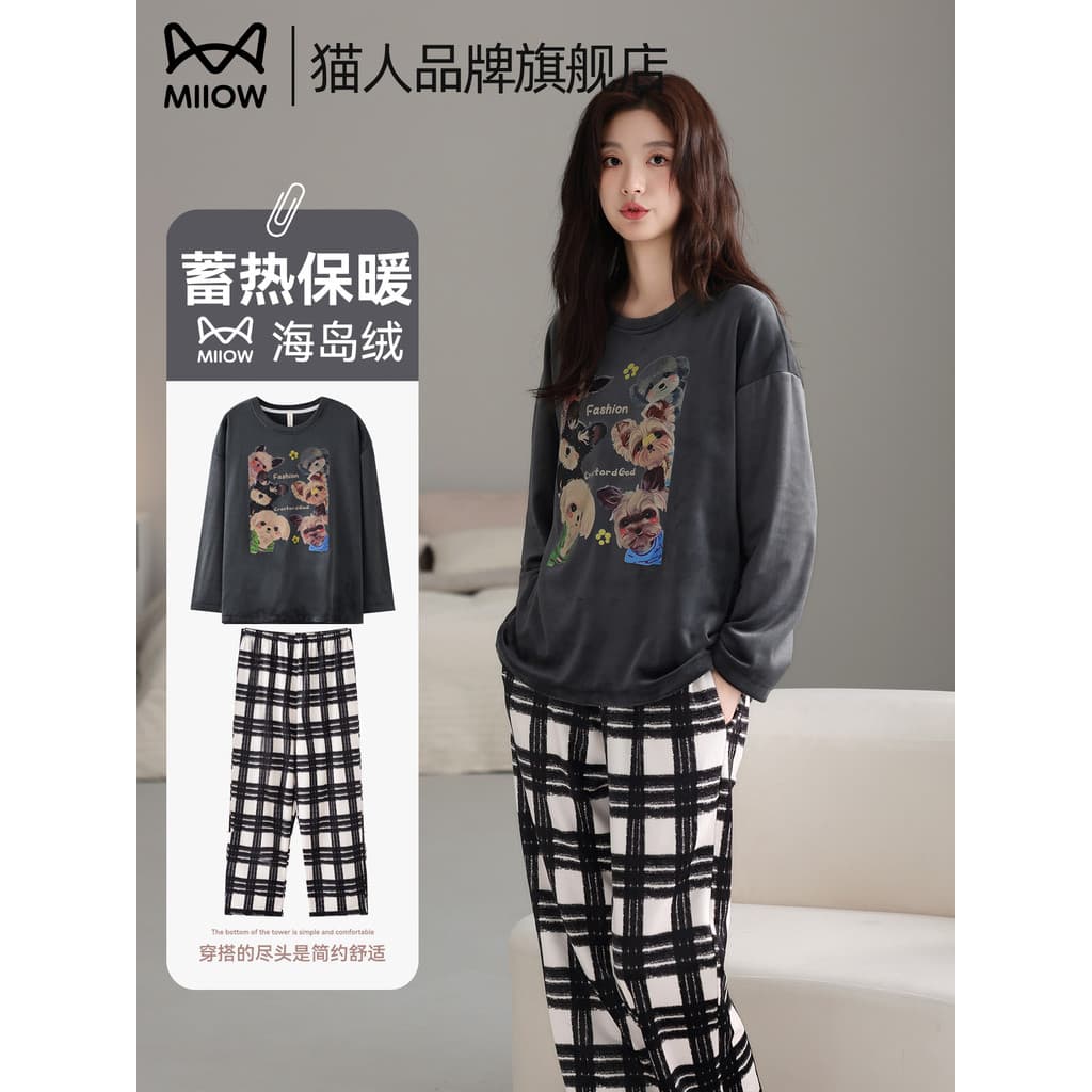 Gatos ilha velo pijamas feminino inverno 2025 novo estilo Coral flanela mais velo engrossado Casual Homewear terno