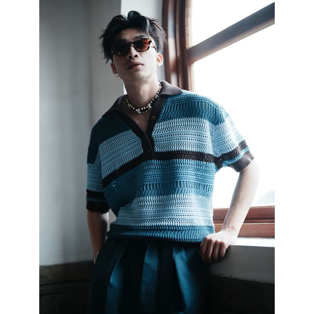 Camisa POLO retrô americana com bloqueio de cores Jacquard suéter de manga curta nicho preguiçoso elegante oco camiseta