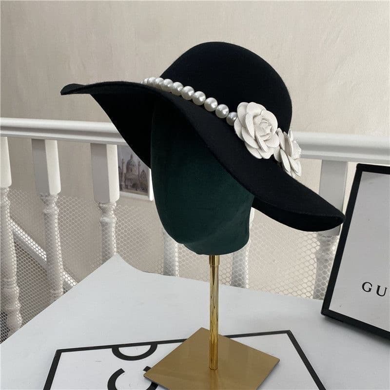 Francês retro nupcial pequeno chapéu preto aba grande retro Hepburn estilo pérola flor elegante foto chapéu britânico