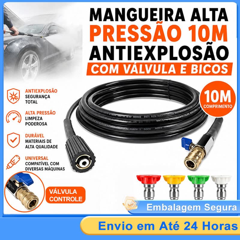 Mangueira De Alta Pressão 10m Reforçada Antiestouramento + Válvula E Bico Injetor Para Lavadora