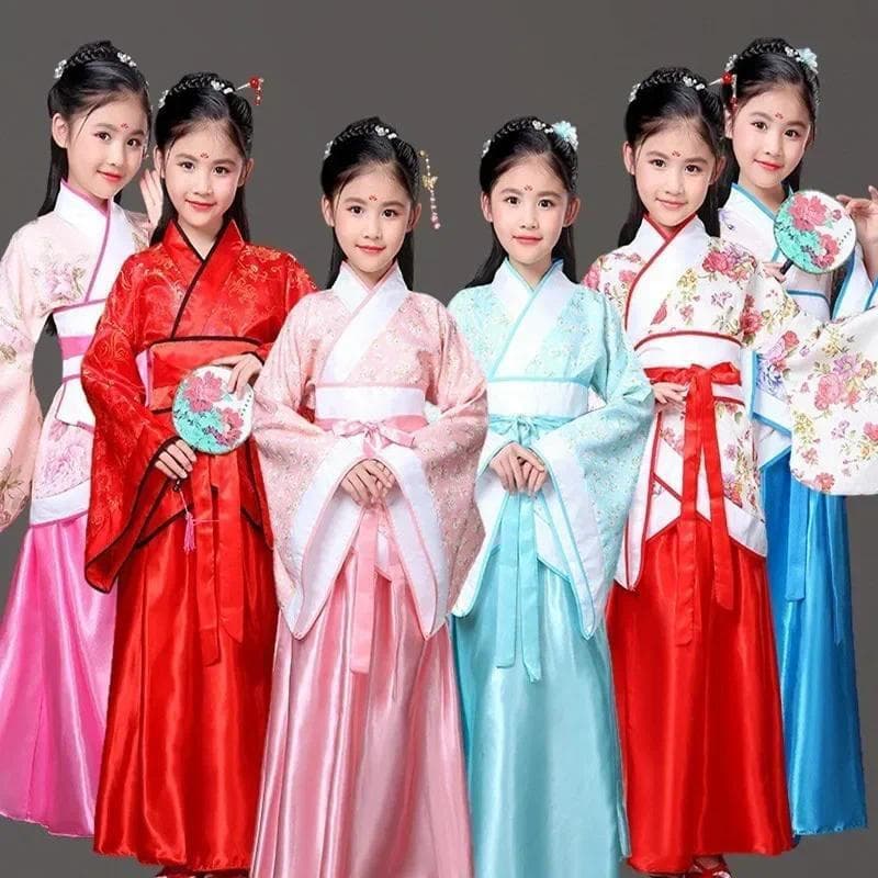 Traje Tradicional Chinês Tang para Dança Folclórica, Vestido Hanfu para Meninas e Crianças, Roupa Chinesa KC32