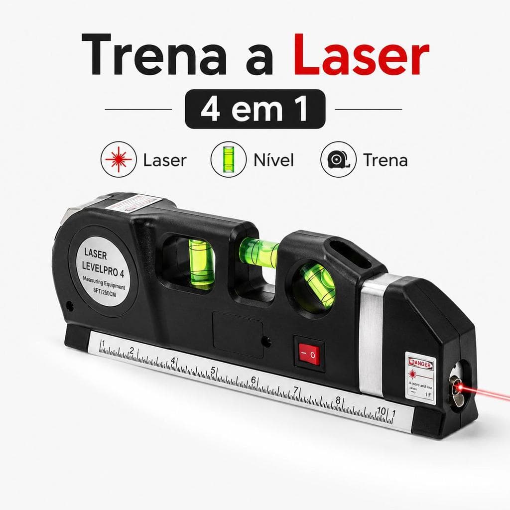 Trena com Nível a Laser 4 em 1, Fita Métrica Retrátil, Régua Integrada e Nível de Bolha para Alinhamento, Medição e Refo