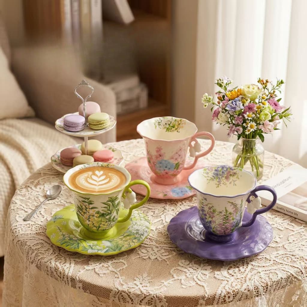 Conjunto de pires para xícara de café com flor retrô francesa | Caneca de chá da tarde de alto valor, lembrança feminina
