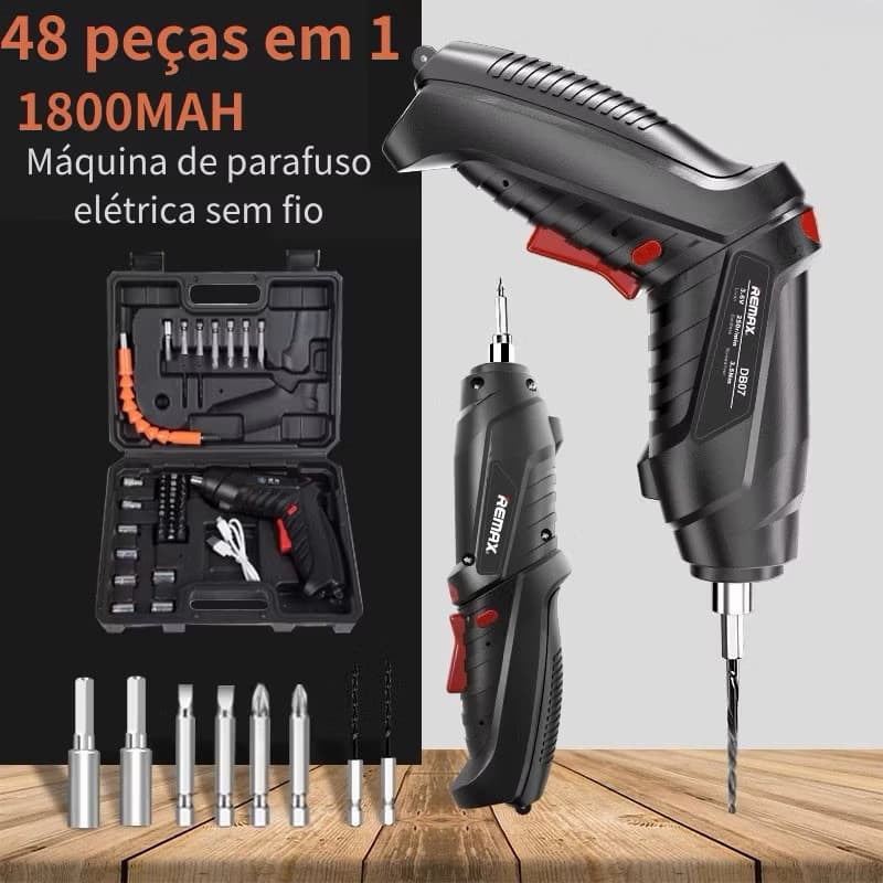 Kit Parafusadeira/Furadeira 48 Peças • À Bateria com Carregador USB • Caixa de Ferramentas Completa