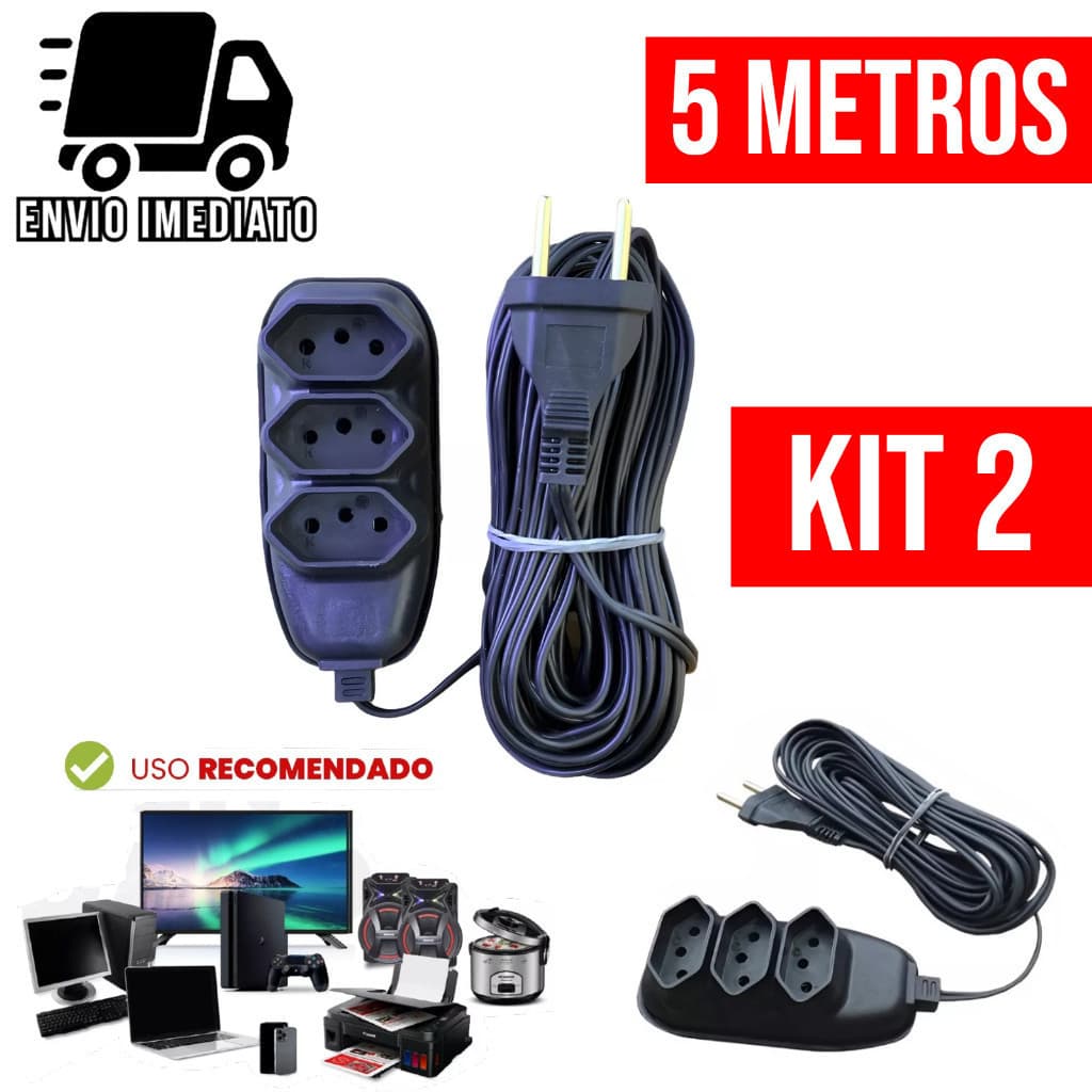 Kit 2 Extensão Elétrica 5 Metros Bivolt com 3 Tomadas 110v 220v Tripolar Alexa Compacta