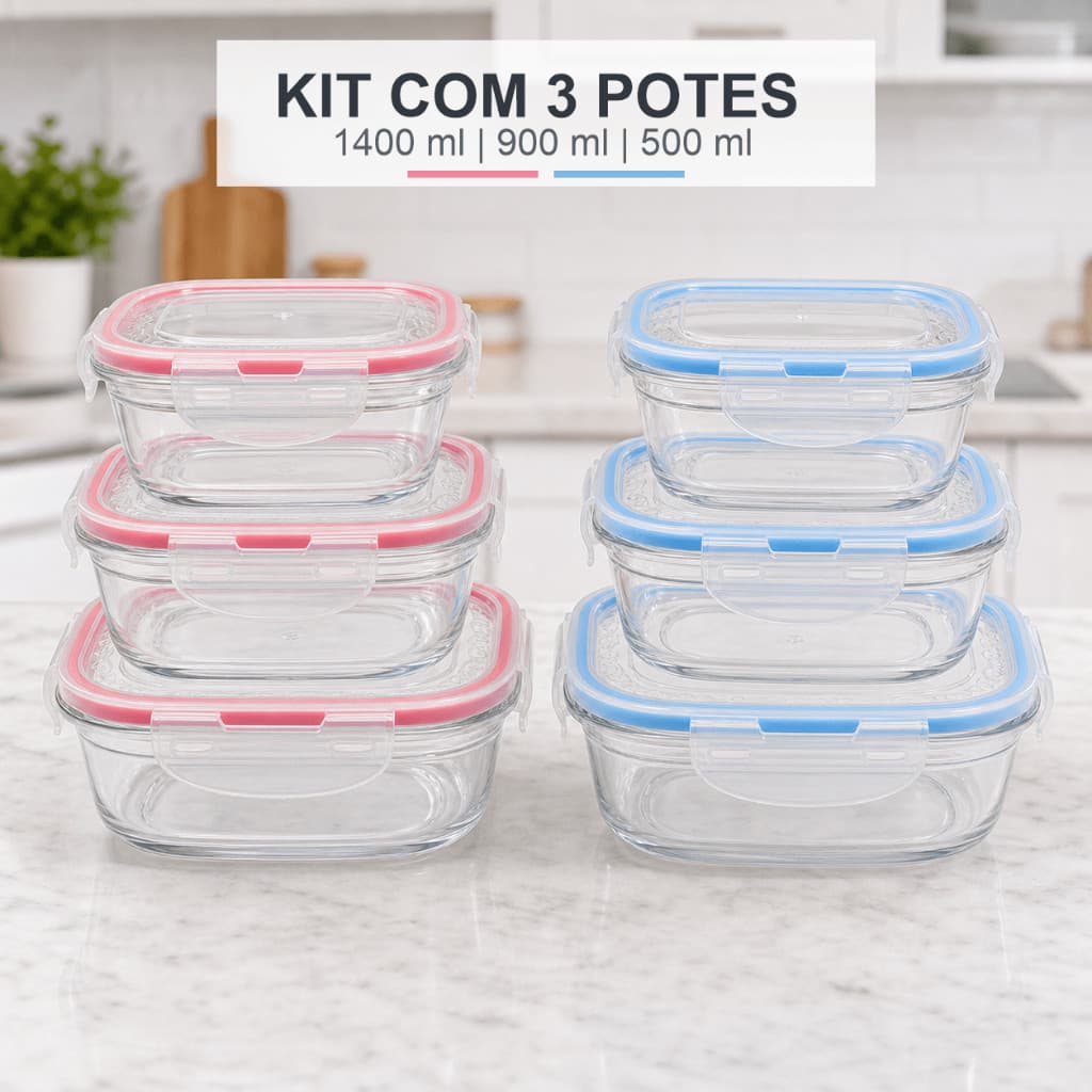 Kit 3 Potes Herméticos de Plástico 1400ml 900ml 500ml Conjunto Quadrado Pote de Vedação Marmita Fitness com Travas