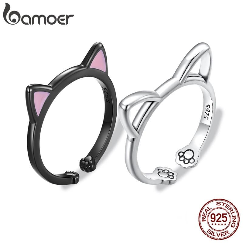 Anel Aberto de Prata 925 Bamoer com Orelhas de Gato, Joia Fashion Adequada para Estudantes e Mulheres SCR922 QGUR