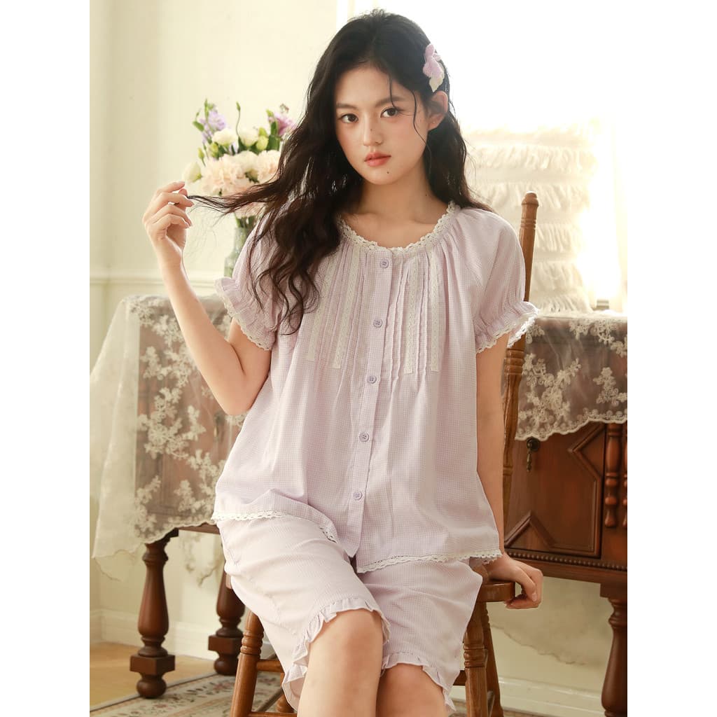 {Ilha de dormir} Pijamas de verão femininos gaze de algodão puro manga curta calças médias Loungewear terno solto tamanh