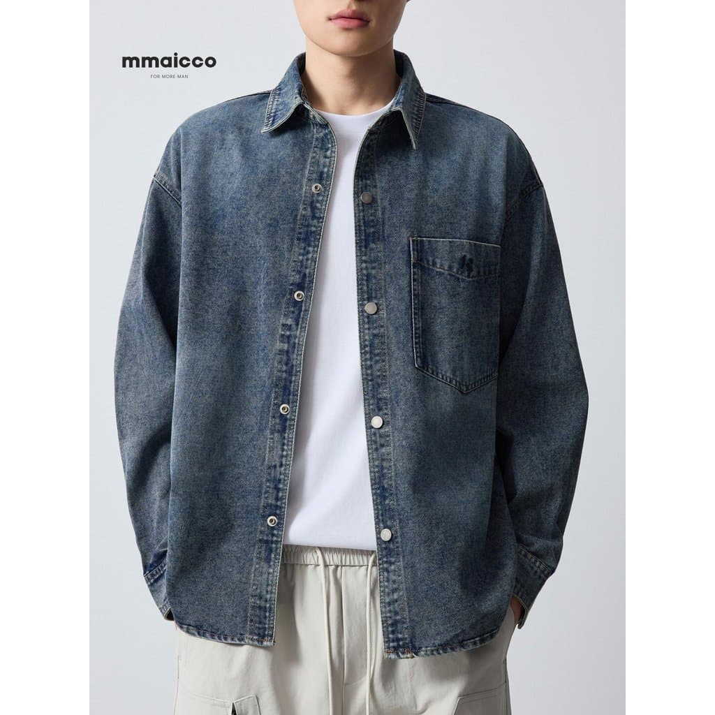 Momaike Jaqueta jeans masculina americana Casual bordada embelezada 2026 primavera nova jaqueta masculina retrô