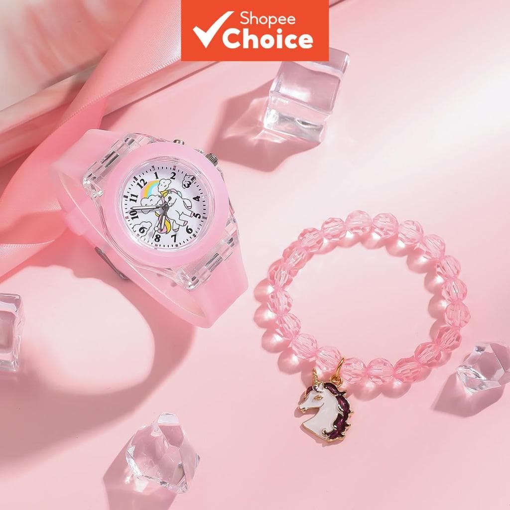 Conjunto De Relógio digital Infantil De Quartzo Unicórnio Fofo E Pulseira De Contas Rosa 2 Peças Presente Para Meninas