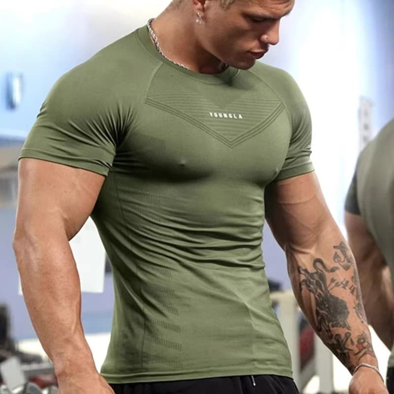 YOUNGLA verão Fitness collants esportes camisetas roupas musculares dos homens alta elástica roupas de treinamento peque