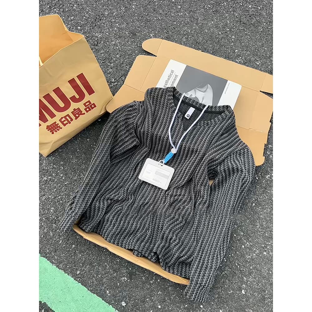 Preto texturizado com decote em V camisa de manga comprida masculina outono americano estilo preguiçoso moletom interno